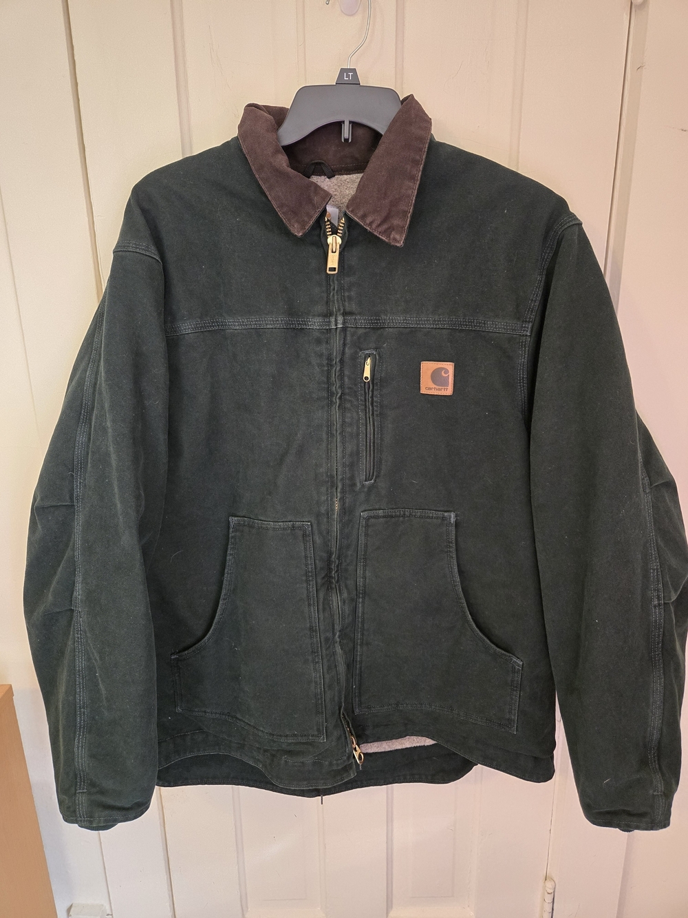 Carhartt Men’s Dark Green Duck Active Jacket with Brown Corduroy Collar